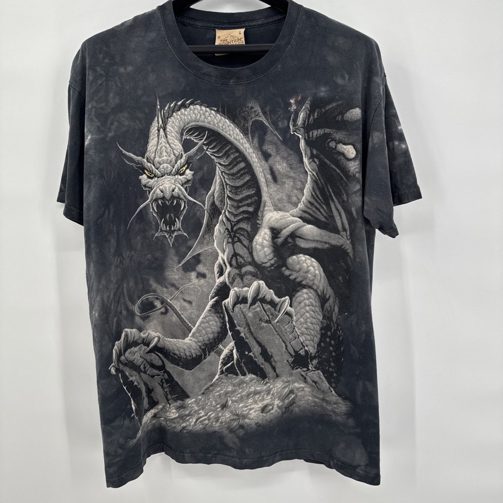 VINTAGE The Mountain Gray Dragon 2001 Tie Dye Shirt Adult L Gray Fantasy Y2K